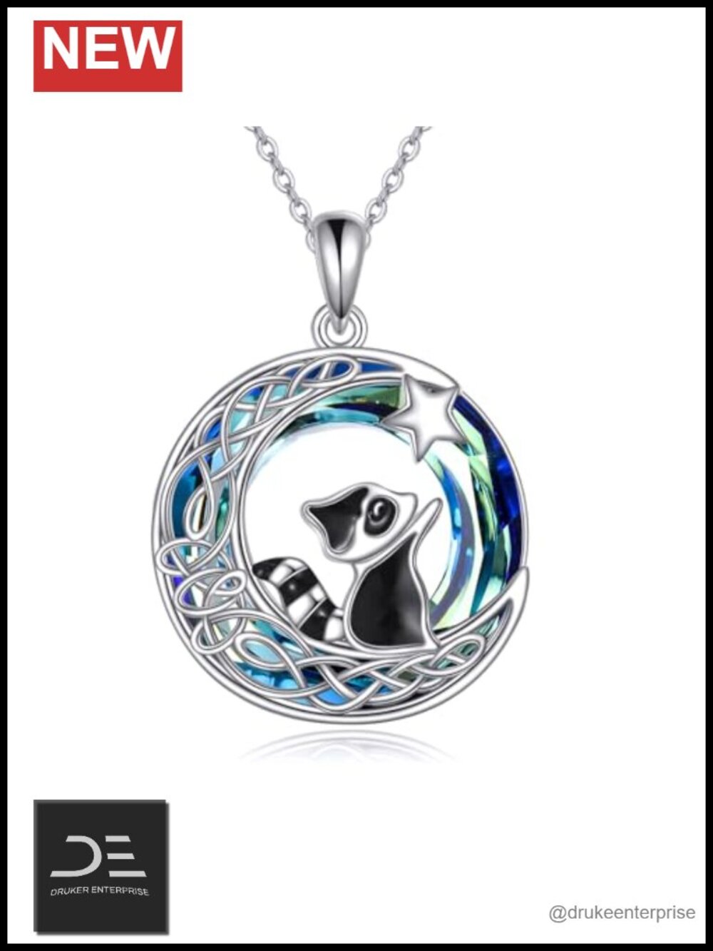 Sterling Silver Raccoon Pendant Necklace with Moon Design Adjustable Chain Cute